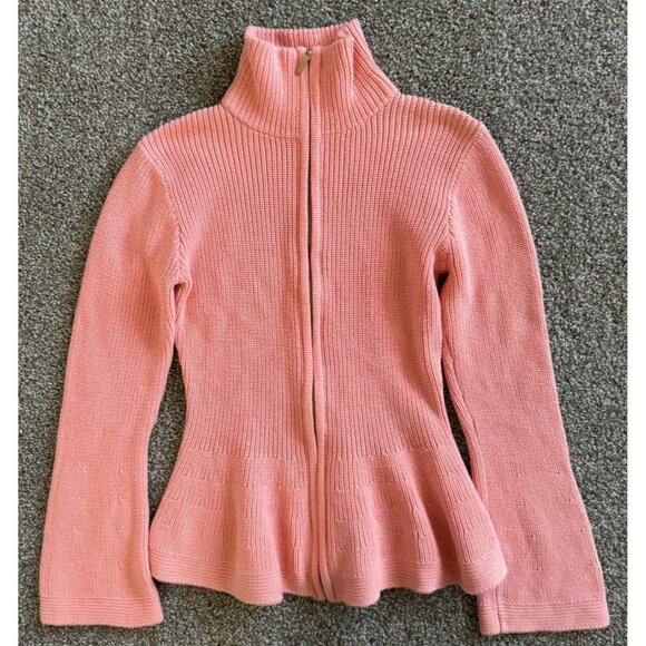 Boston Proper Rib Peplum Full Zip Cardigan Mock Neck in CORAL Pink Sz Small Wome - Picture 2 of 7